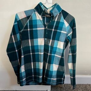 Medium Eddie Bauer flannel pullover. Teal, white, and pink